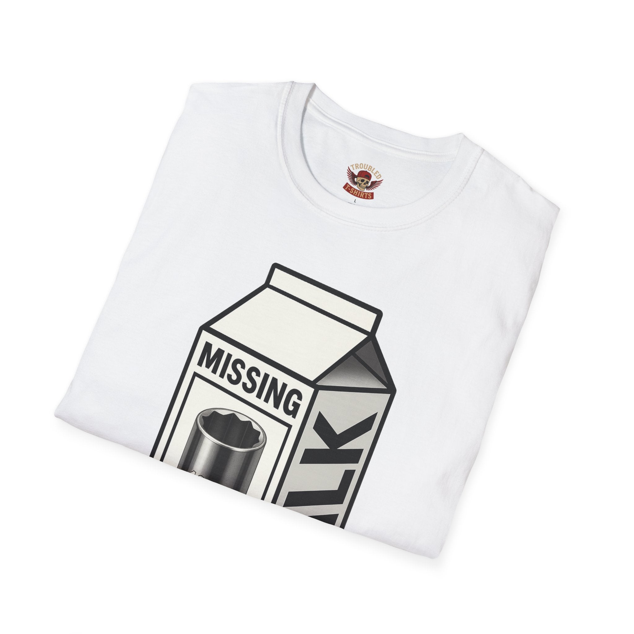 T-Shirt — "Missing 10mm Socket" Milk Carton Mechanics Graphic Tee
