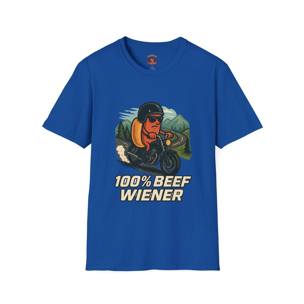 100% Beef Wiener Motorcycle T-Shirt — Funny Hot Dog Rider Tee