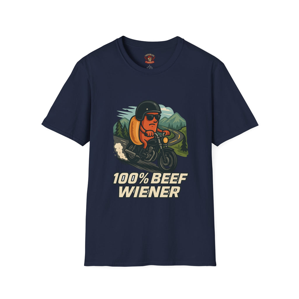100% Beef Wiener Motorcycle T-Shirt — Funny Hot Dog Rider Tee