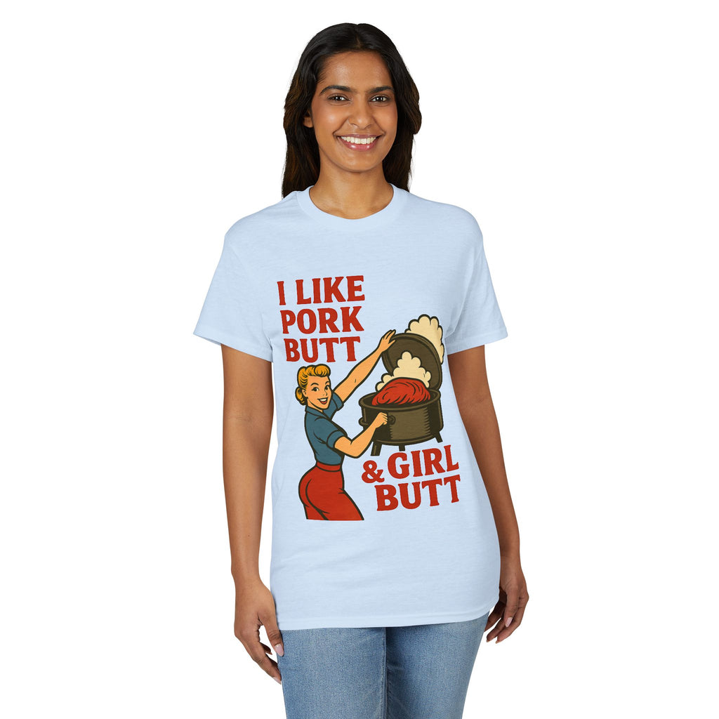Retro BBQ T‑Shirt — "I Like Pork Butt & Girl Butt" Vintage BBQ Humor Tee