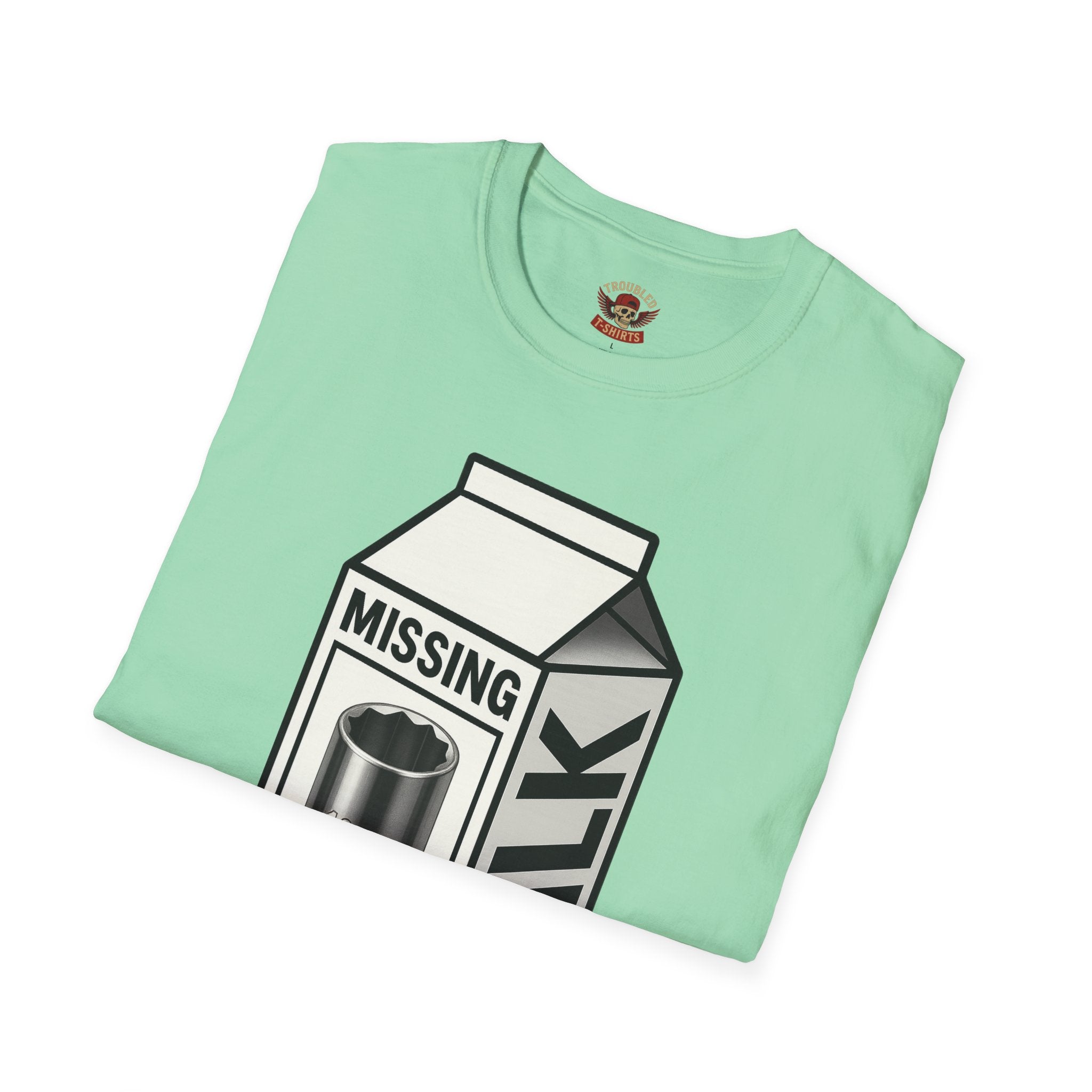 T-Shirt — "Missing 10mm Socket" Milk Carton Mechanics Graphic Tee