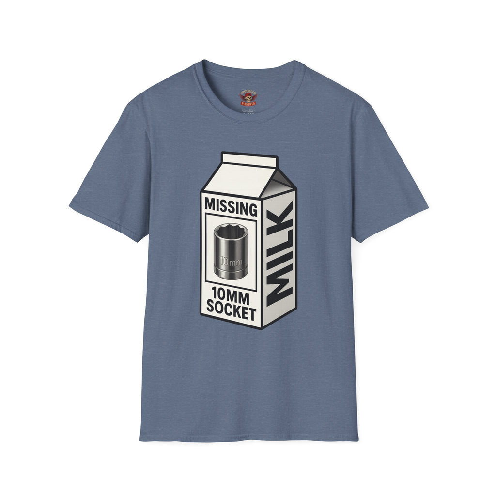 T-Shirt — "Missing 10mm Socket" Milk Carton Mechanics Graphic Tee