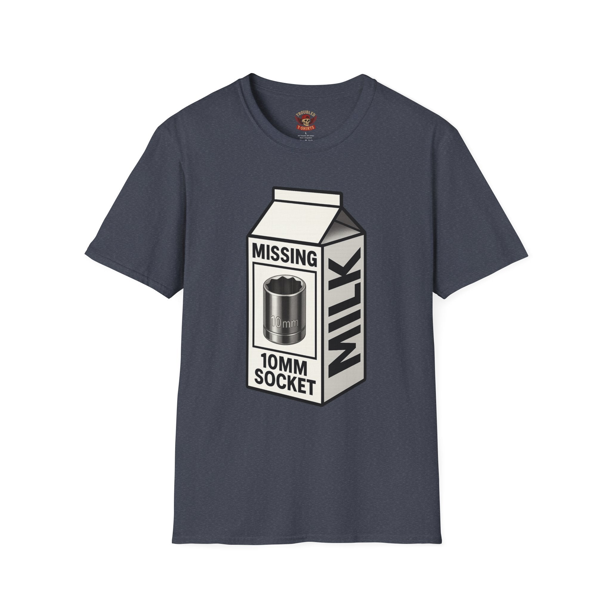 T-Shirt — "Missing 10mm Socket" Milk Carton Mechanics Graphic Tee