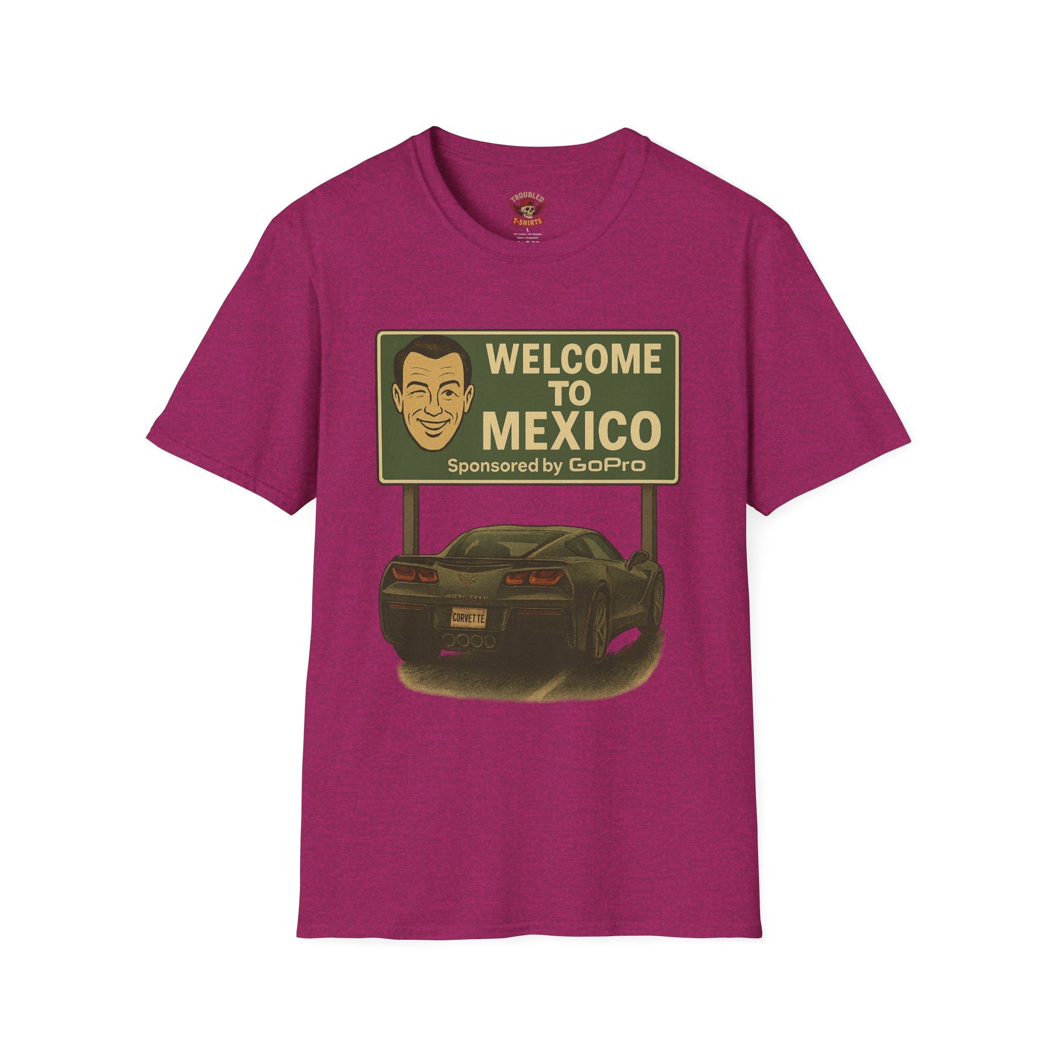 Welcome to Mexico Corvette T-Shirt — Vintage Road Trip Tee with 'Sponsored by GoPro' Sign