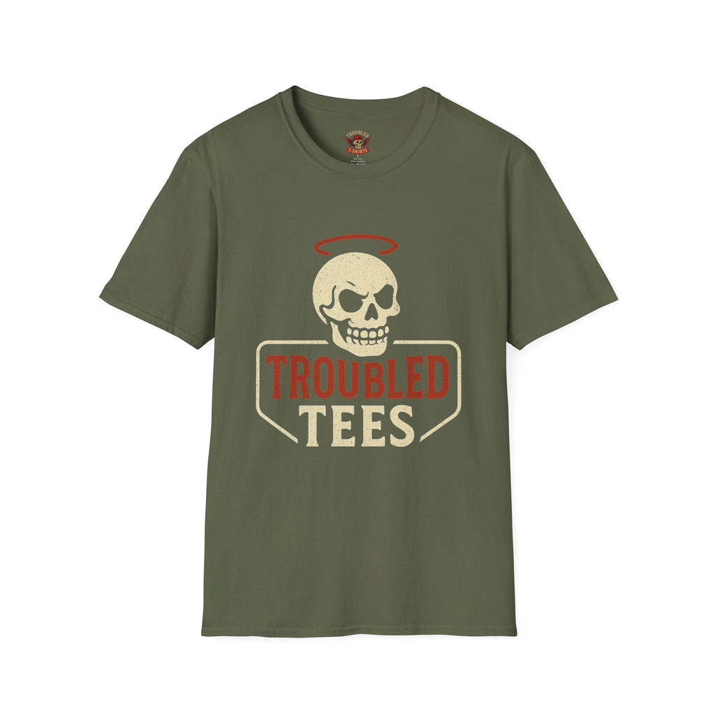 Troubled Tees Graphic T-Shirt — Skull Halo Vintage Logo Tee