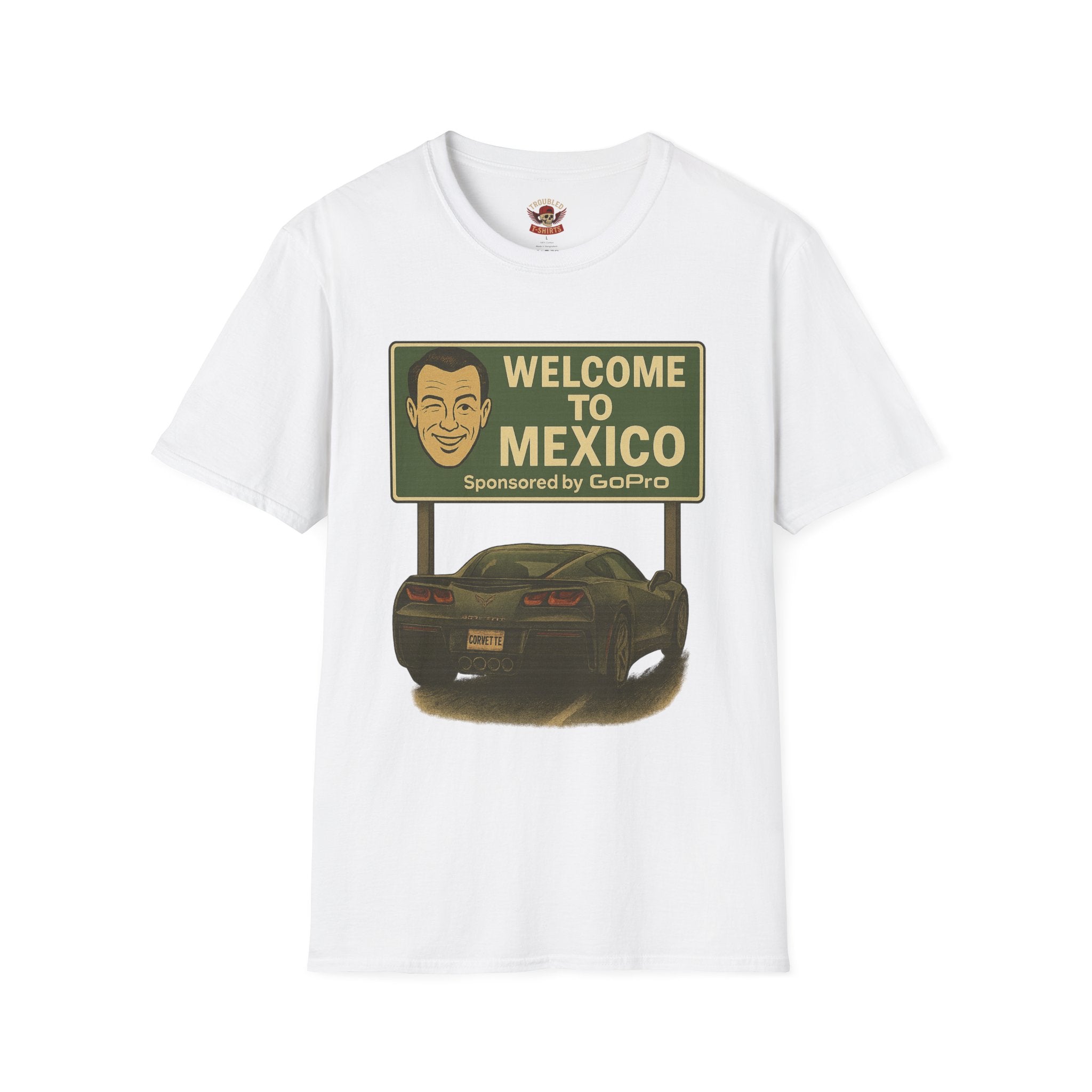 Welcome to Mexico Corvette T-Shirt — Vintage Road Trip Tee with 'Sponsored by GoPro' Sign