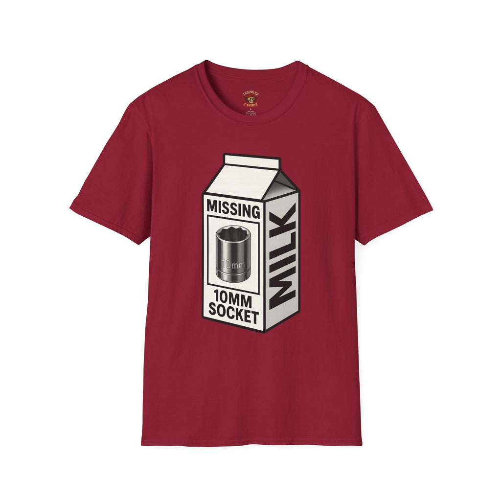 T-Shirt — "Missing 10mm Socket" Milk Carton Mechanics Graphic Tee
