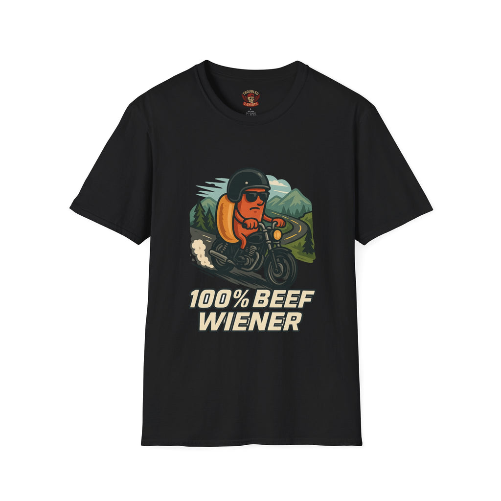100% Beef Wiener Motorcycle T-Shirt — Funny Hot Dog Rider Tee