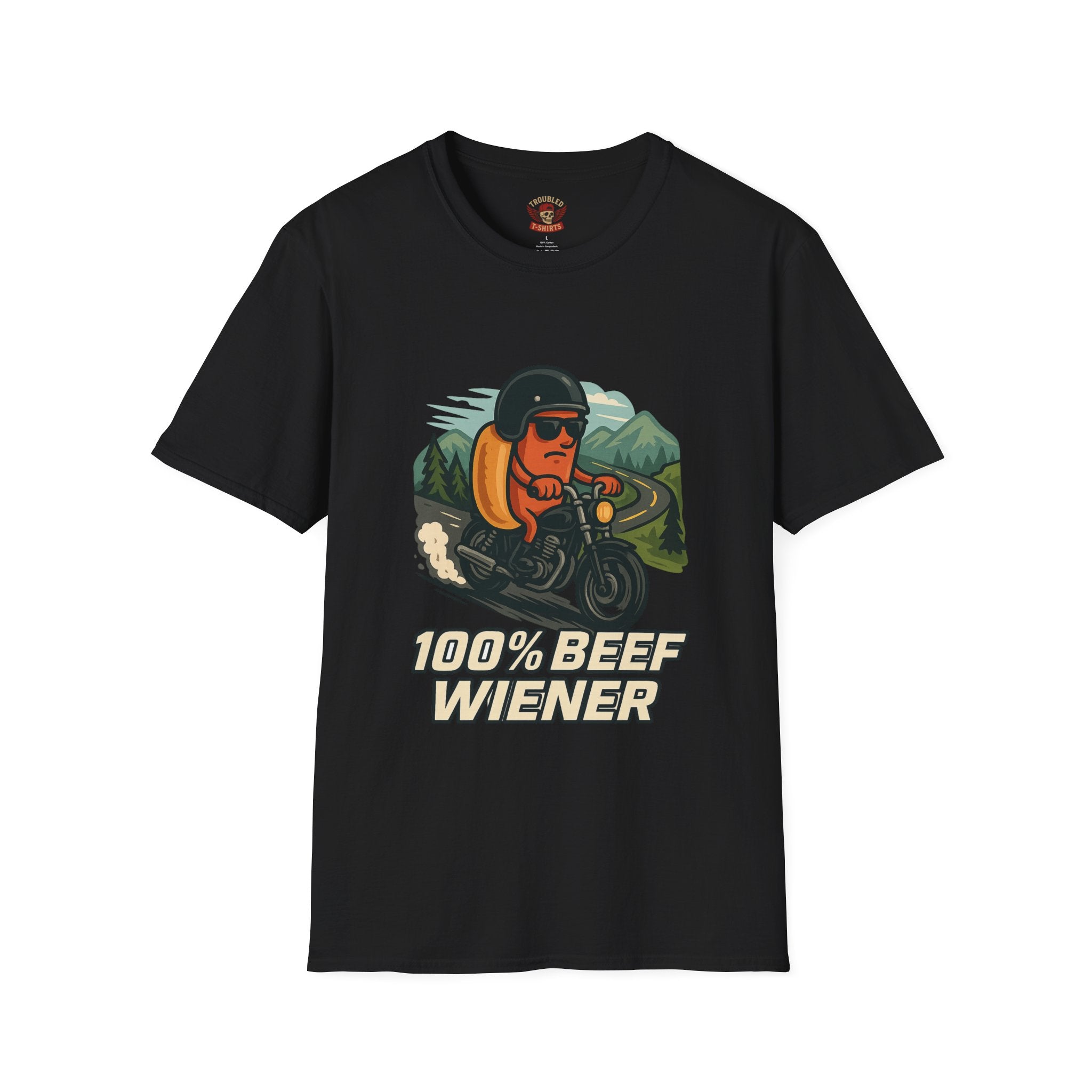 100% Beef Wiener Motorcycle T-Shirt — Funny Hot Dog Rider Tee