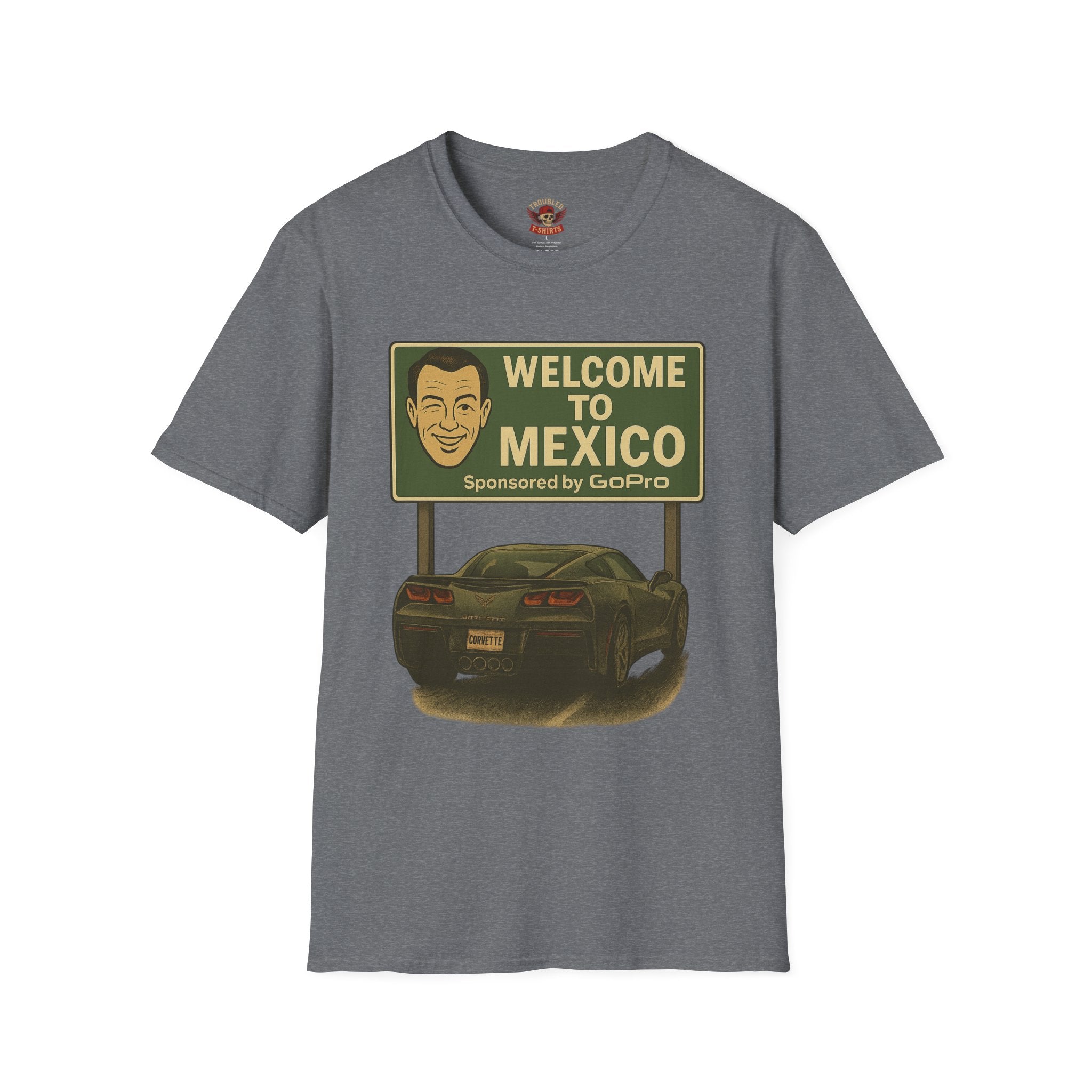 Welcome to Mexico Corvette T-Shirt — Vintage Road Trip Tee with 'Sponsored by GoPro' Sign