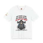 "Get Busy Livin' or Get Busy Dying, So Buy the Bike" T-Shirt — Funny Skeleton Biker Tee