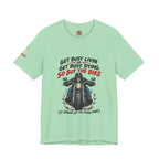 "Get Busy Livin' or Get Busy Dying, So Buy the Bike" T-Shirt — Funny Skeleton Biker Tee