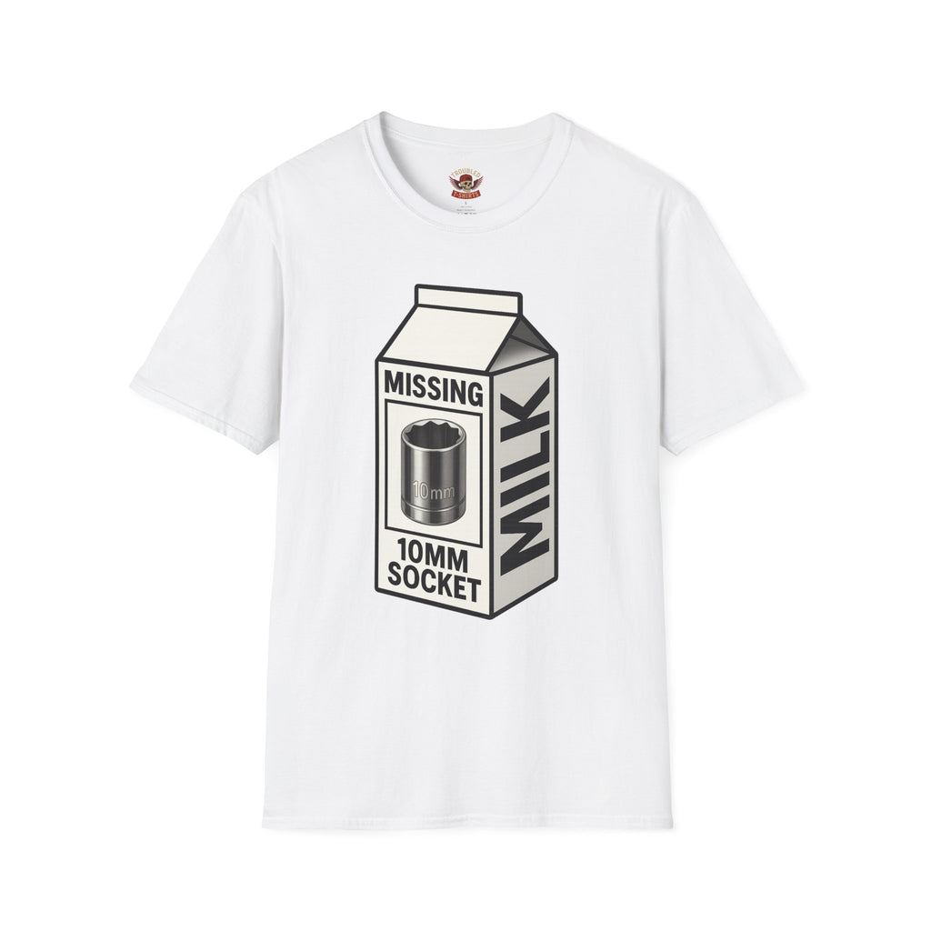 T-Shirt — "Missing 10mm Socket" Milk Carton Mechanics Graphic Tee