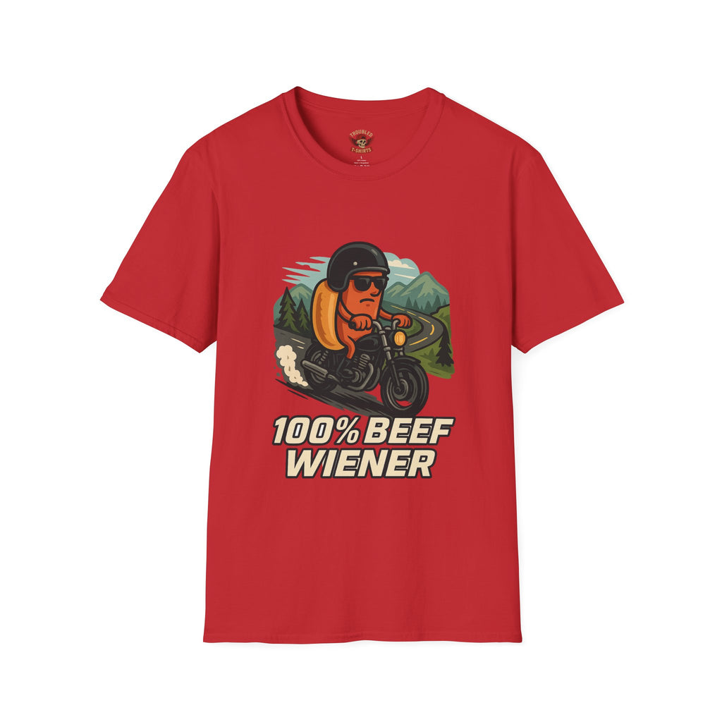 100% Beef Wiener Motorcycle T-Shirt — Funny Hot Dog Rider Tee