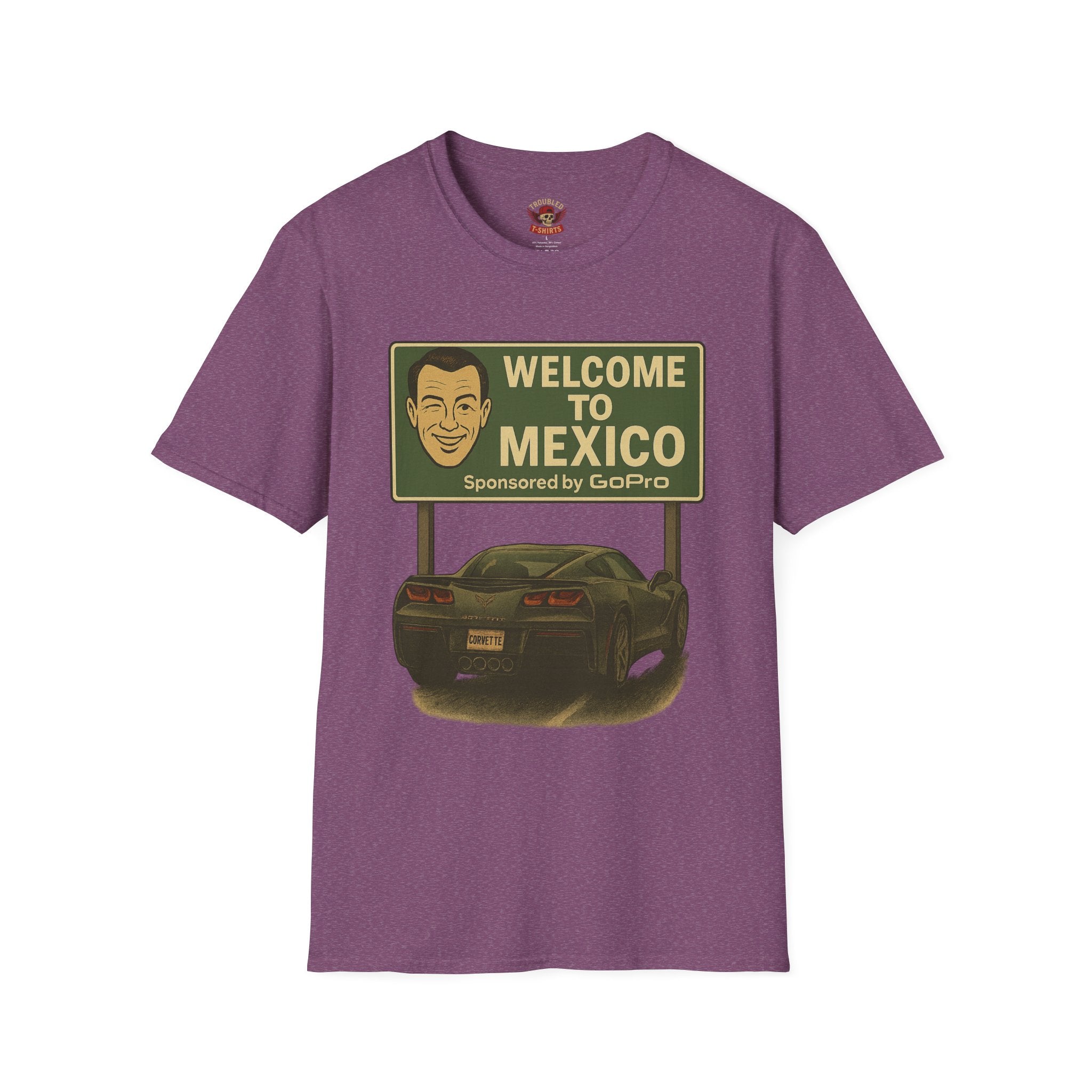 Welcome to Mexico Corvette T-Shirt — Vintage Road Trip Tee with 'Sponsored by GoPro' Sign