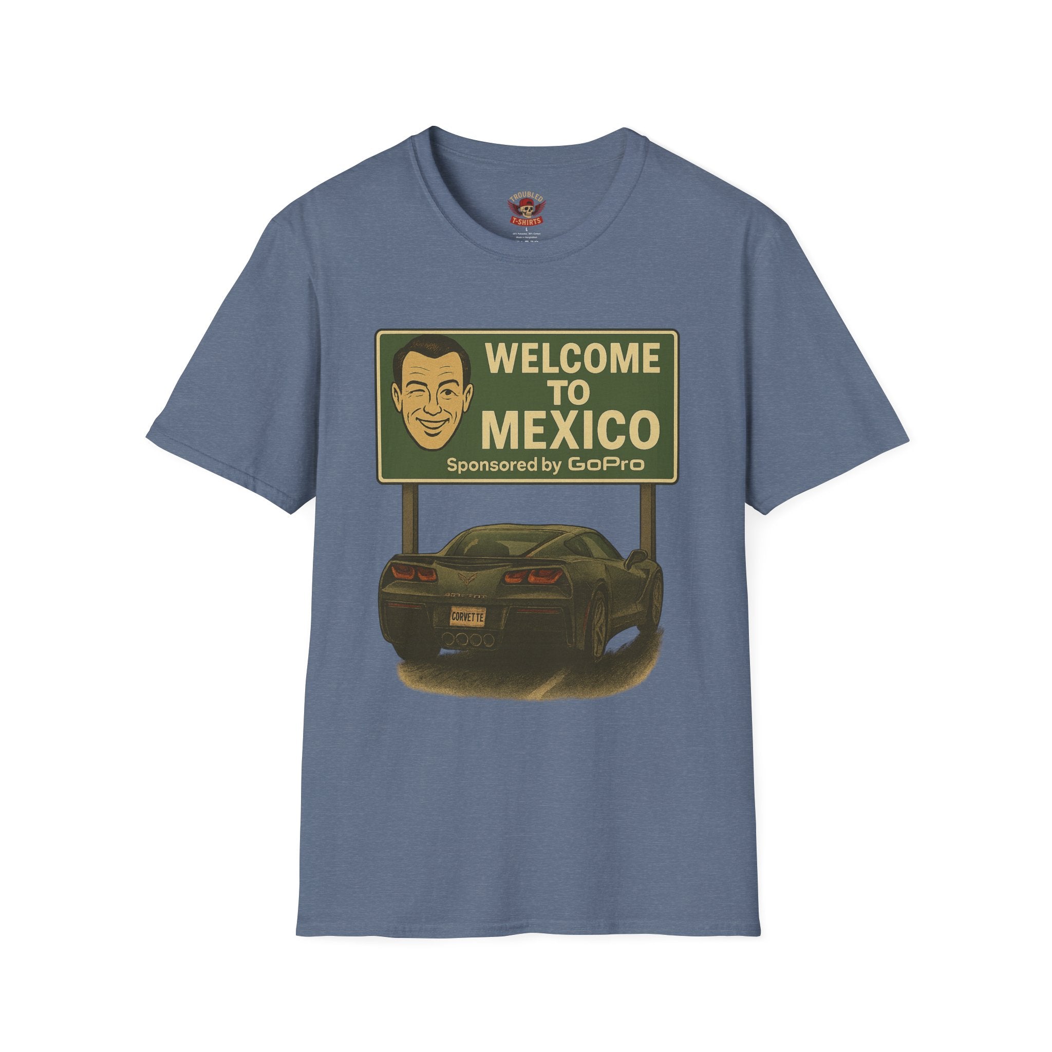Welcome to Mexico Corvette T-Shirt — Vintage Road Trip Tee with 'Sponsored by GoPro' Sign