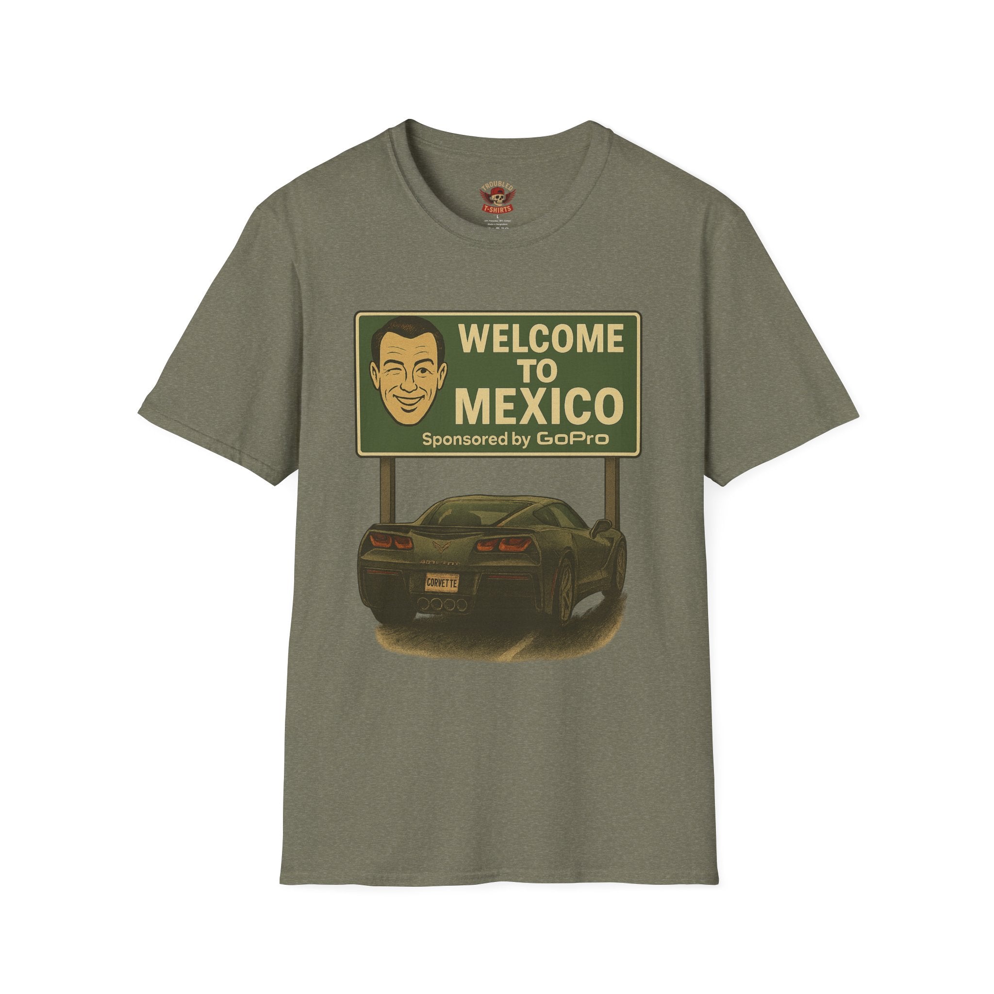 Welcome to Mexico Corvette T-Shirt — Vintage Road Trip Tee with 'Sponsored by GoPro' Sign