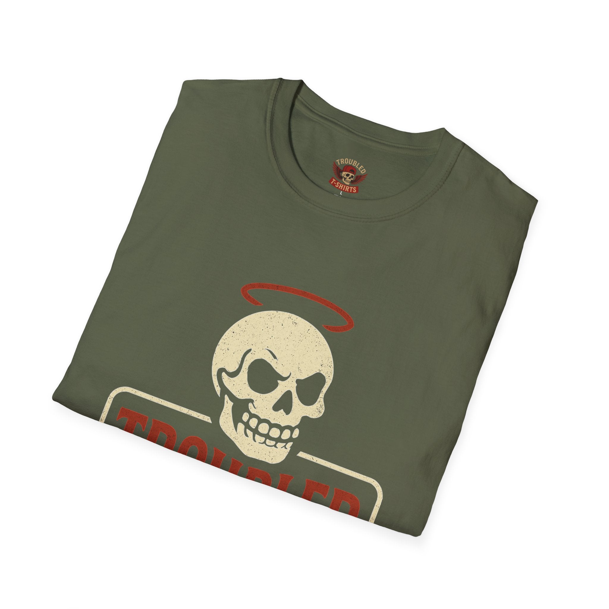Troubled Tees Graphic T-Shirt — Skull Halo Vintage Logo Tee