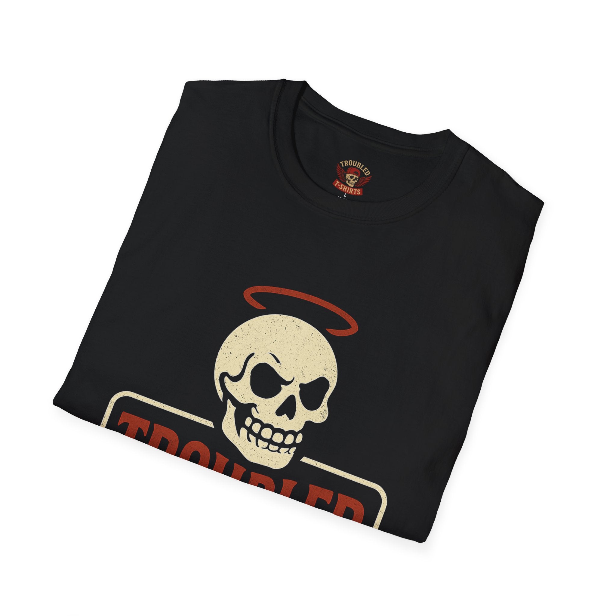 Troubled Tees Graphic T-Shirt — Skull Halo Vintage Logo Tee