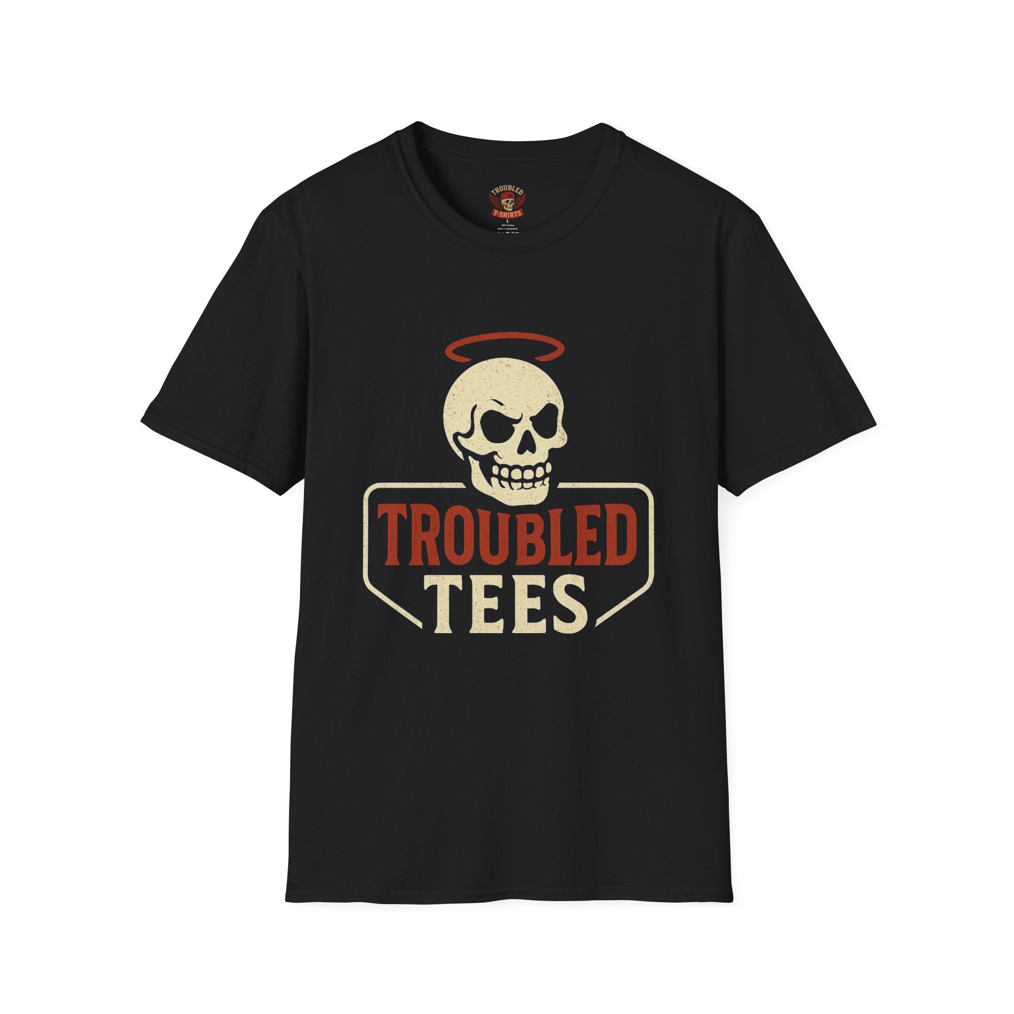 Troubled Tees Graphic T-Shirt — Skull Halo Vintage Logo Tee