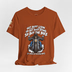 "Get Busy Livin' or Get Busy Dying, So Buy the Bike" T-Shirt — Funny Skeleton Biker Tee