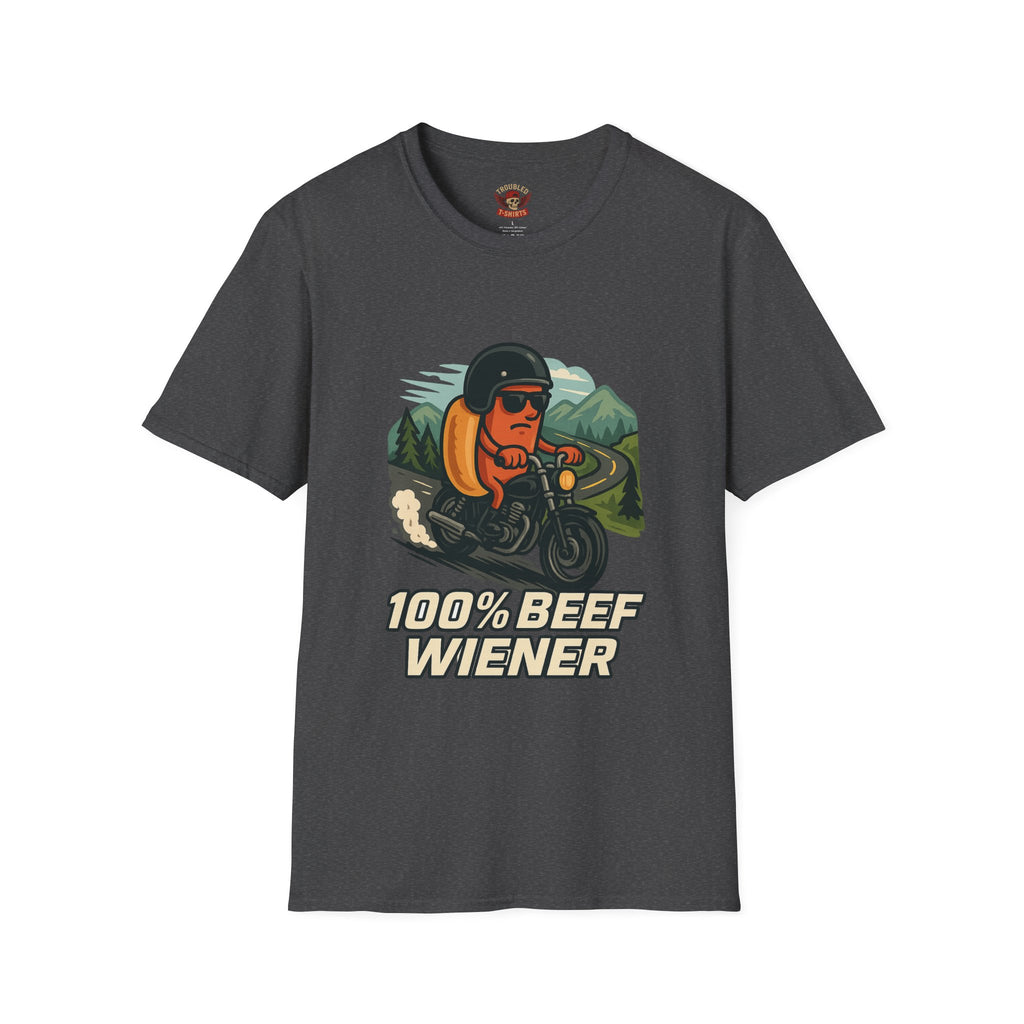 100% Beef Wiener Motorcycle T-Shirt — Funny Hot Dog Rider Tee