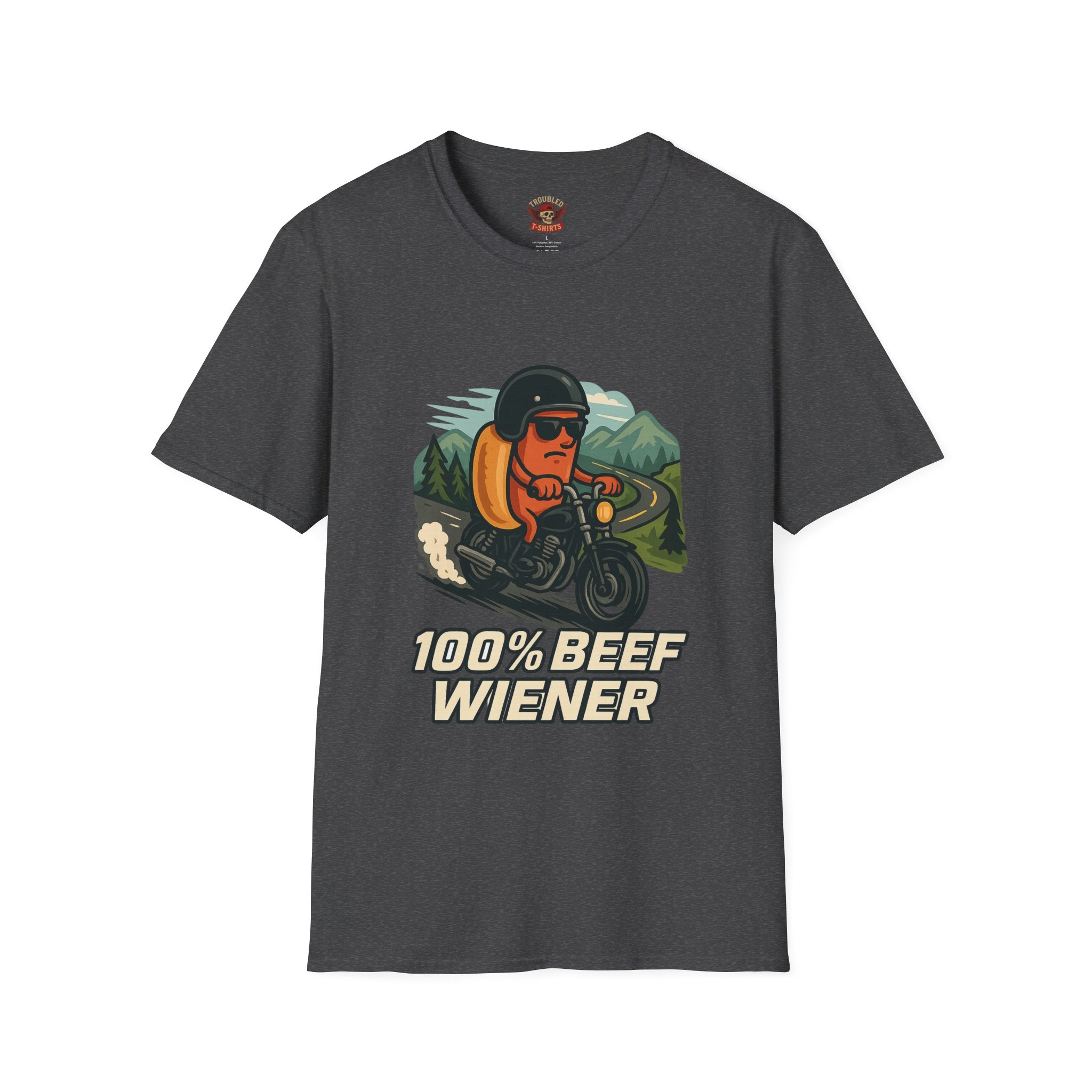 100% Beef Wiener Motorcycle T-Shirt — Funny Hot Dog Rider Tee