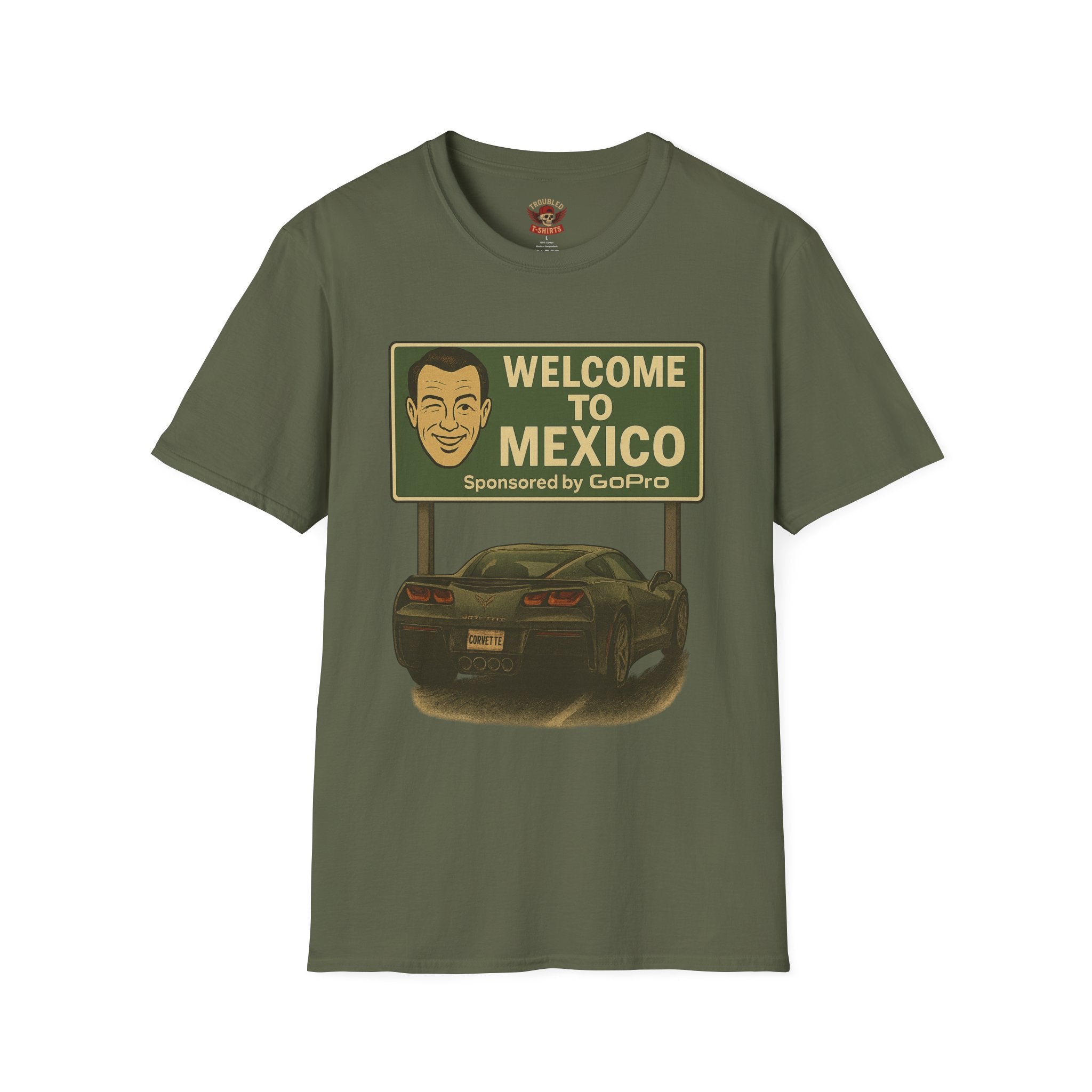 Welcome to Mexico Corvette T-Shirt — Vintage Road Trip Tee with 'Sponsored by GoPro' Sign
