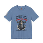 "Get Busy Livin' or Get Busy Dying, So Buy the Bike" T-Shirt — Funny Skeleton Biker Tee