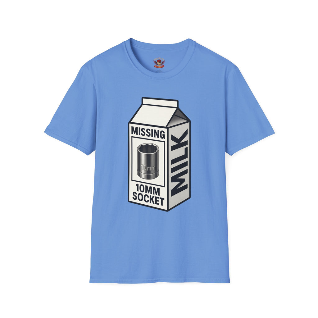 T-Shirt — "Missing 10mm Socket" Milk Carton Mechanics Graphic Tee