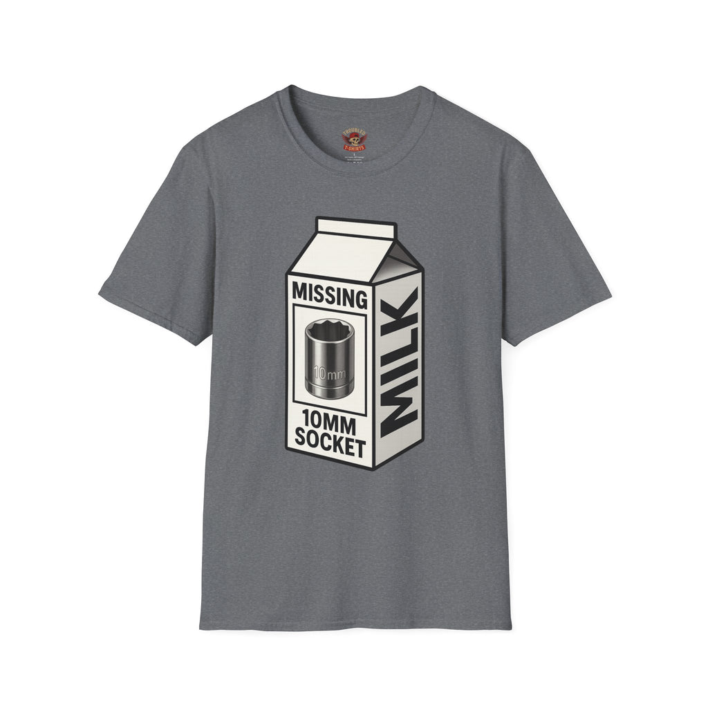 T-Shirt — "Missing 10mm Socket" Milk Carton Mechanics Graphic Tee