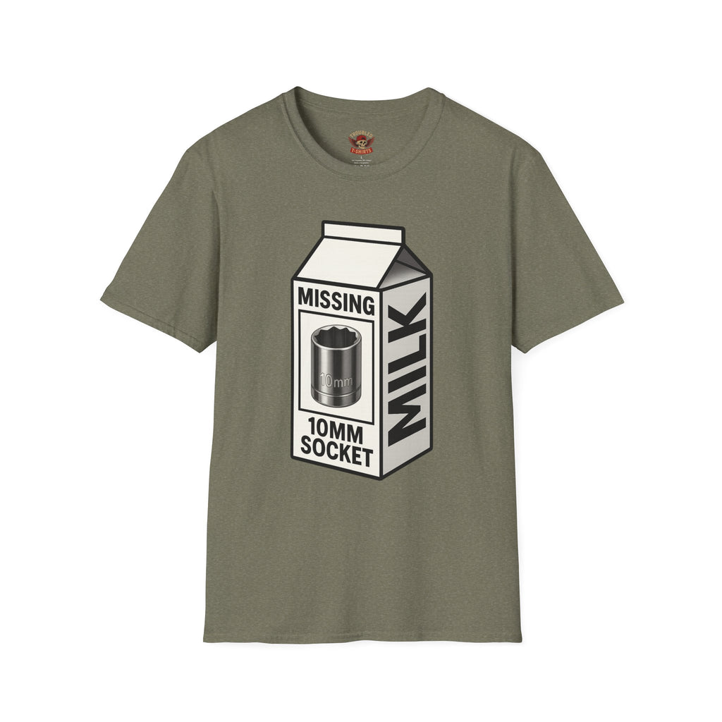 T-Shirt — "Missing 10mm Socket" Milk Carton Mechanics Graphic Tee