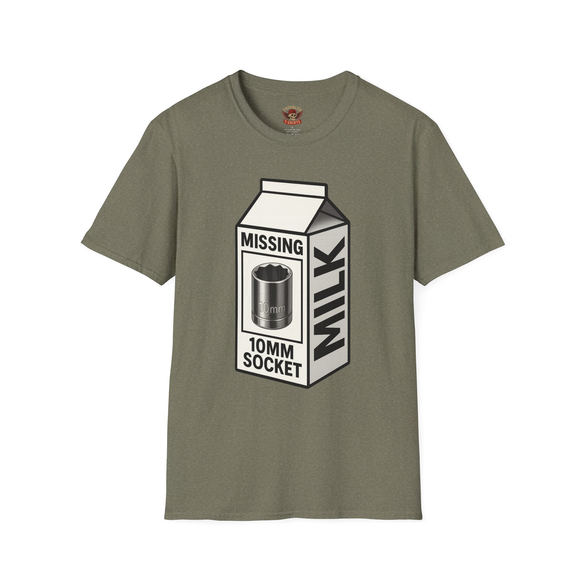 T-Shirt — "Missing 10mm Socket" Milk Carton Mechanics Graphic Tee