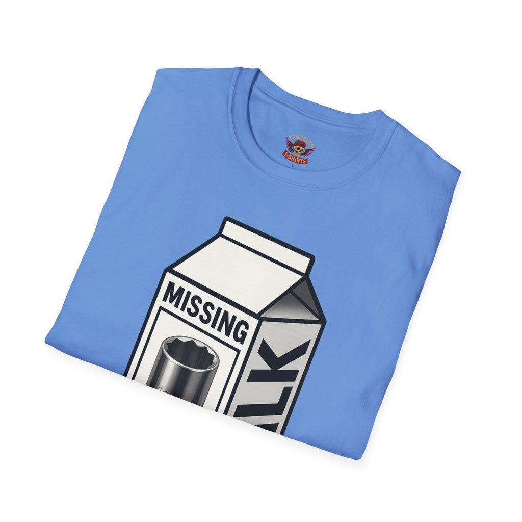 T-Shirt — "Missing 10mm Socket" Milk Carton Mechanics Graphic Tee