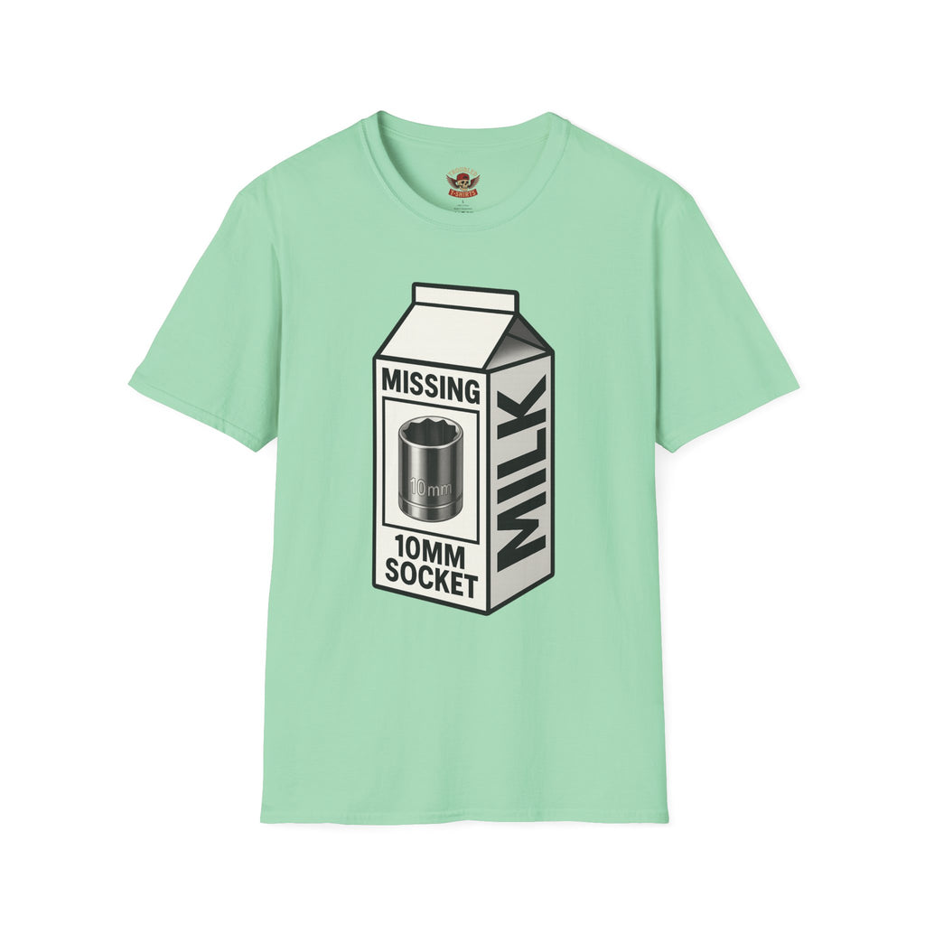 T-Shirt — "Missing 10mm Socket" Milk Carton Mechanics Graphic Tee