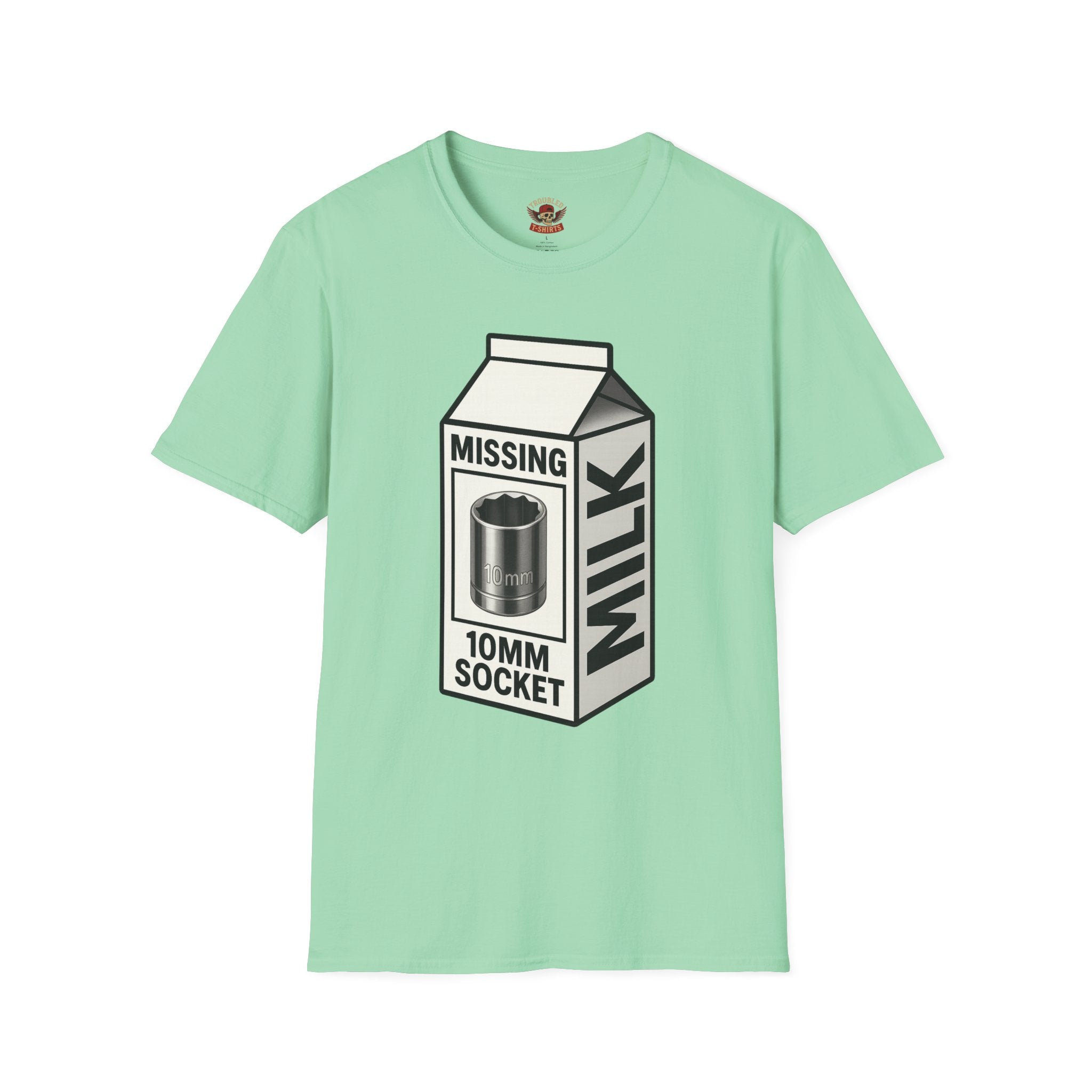 T-Shirt — "Missing 10mm Socket" Milk Carton Mechanics Graphic Tee